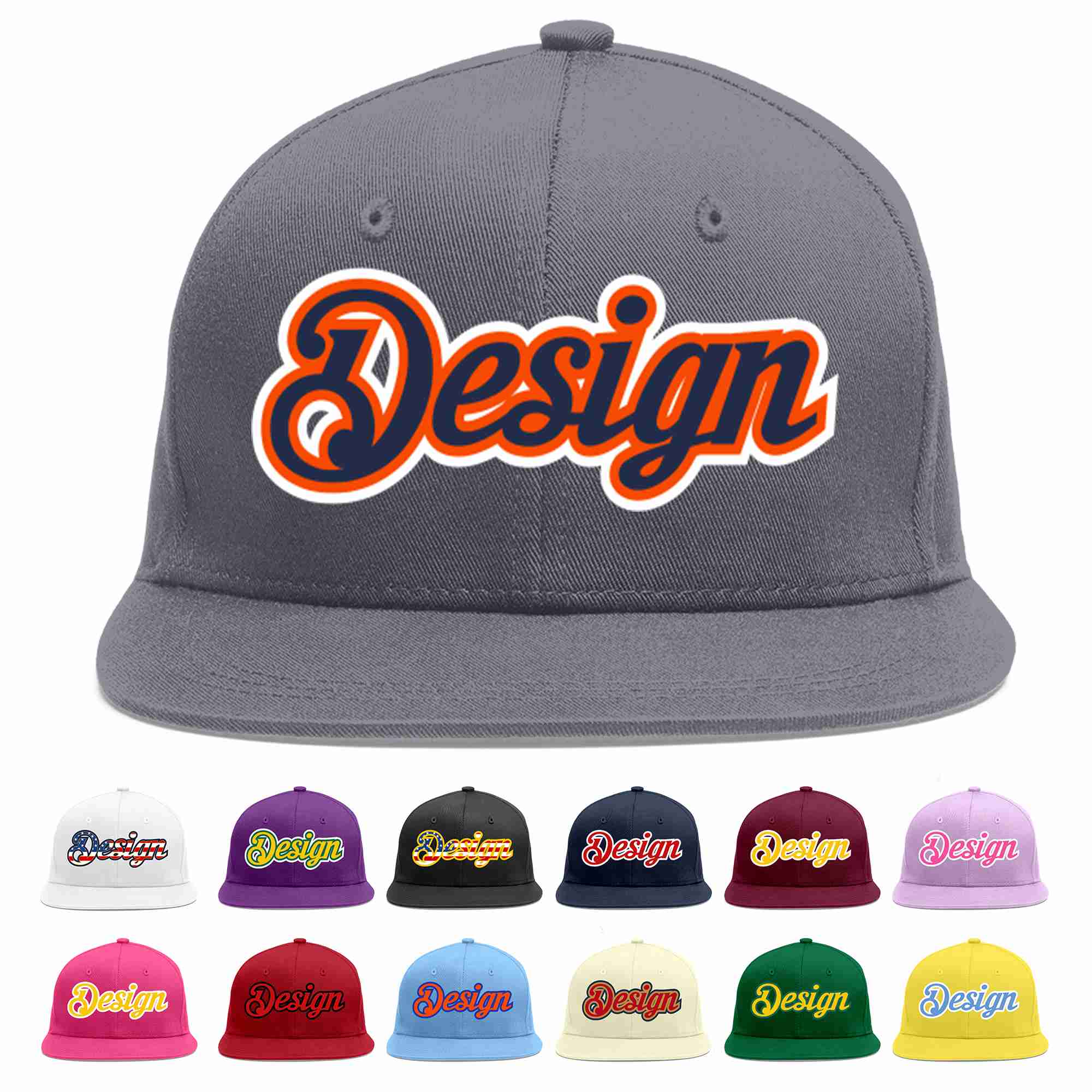 Custom Dark Gray Navy-Orange Flat Eaves Sport Baseball Cap Design for Men/Women/Youth