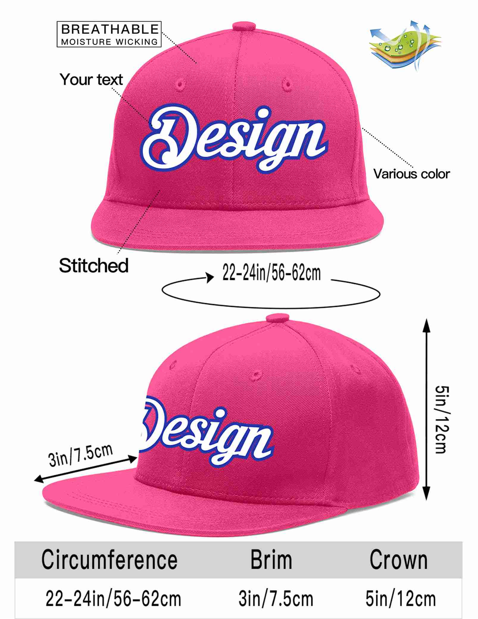 Custom Rose Red White-Royal Flat Eaves Sport Baseball Cap Design for Men/Women/Youth