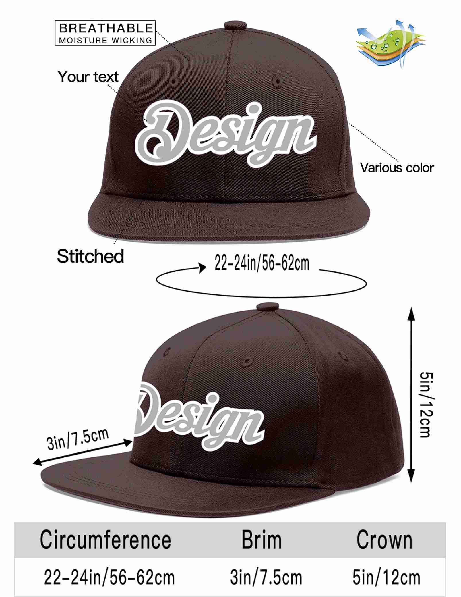 Custom Brown Gray-White Flat Eaves Sport Baseball Cap Design for Men/Women/Youth