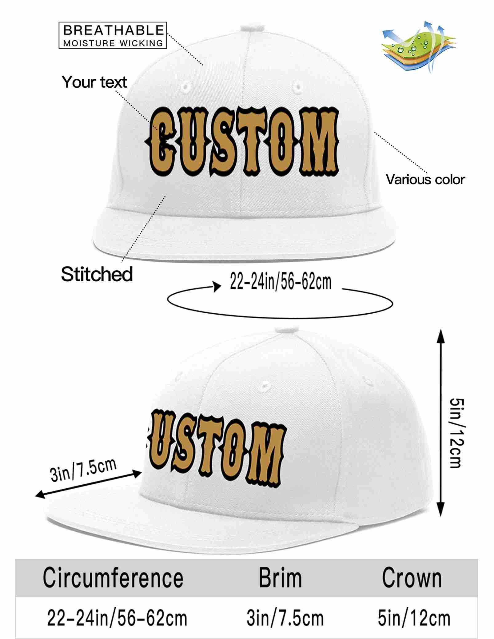 Custom White Old Gold-Black Casual Sport Baseball Cap