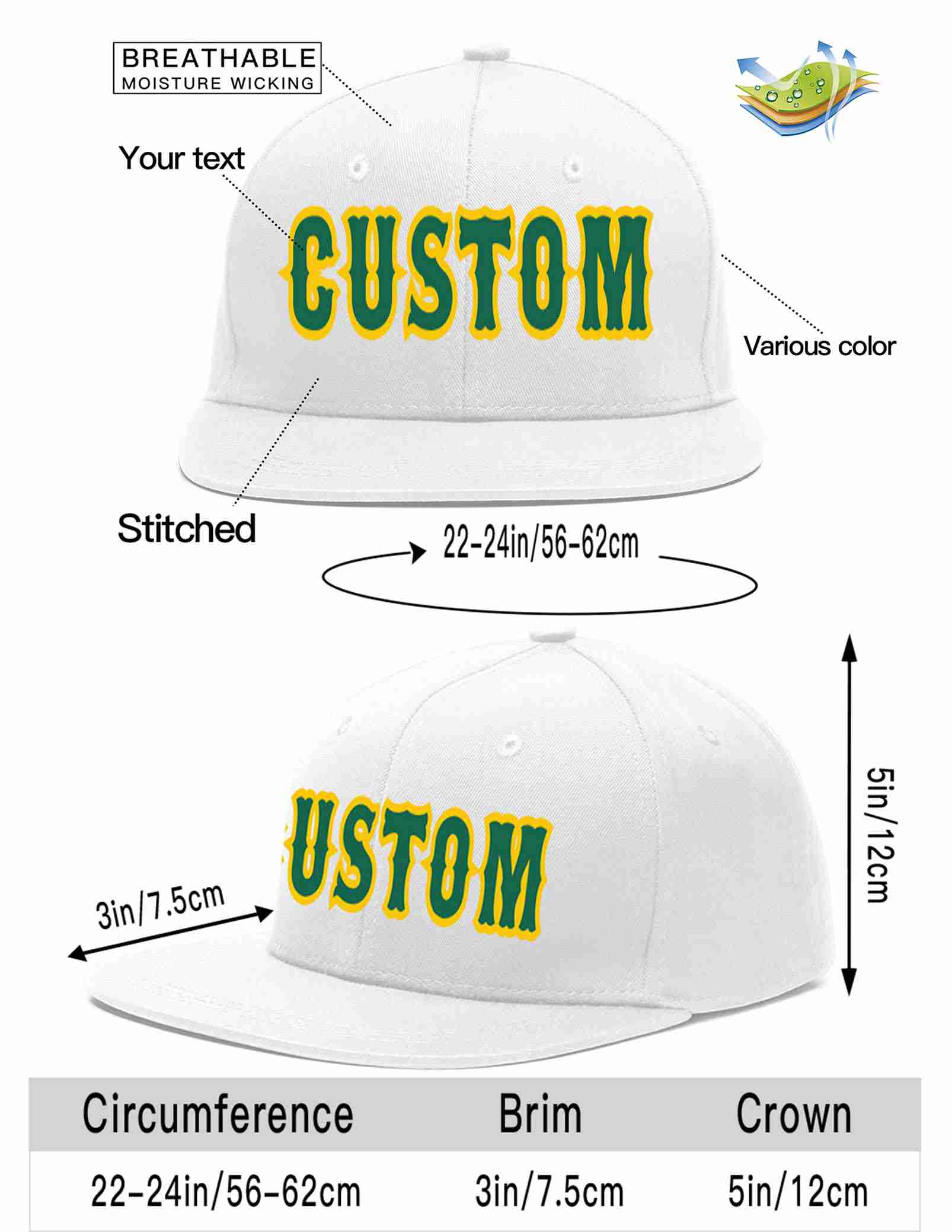 Custom White Kelly Green-Gold Casual Sport Baseball Cap