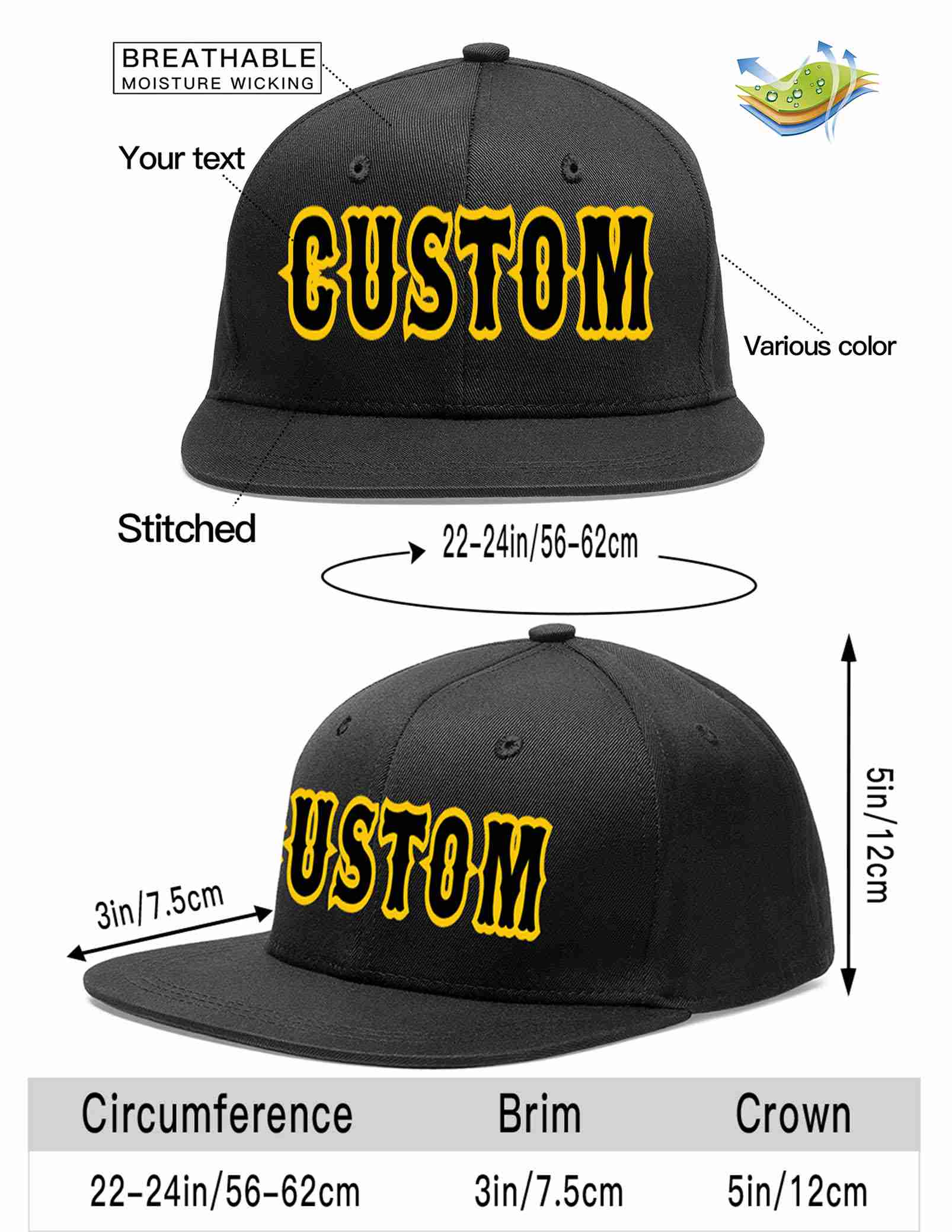 Custom Black Black-Gold Casual Sport Baseball Cap