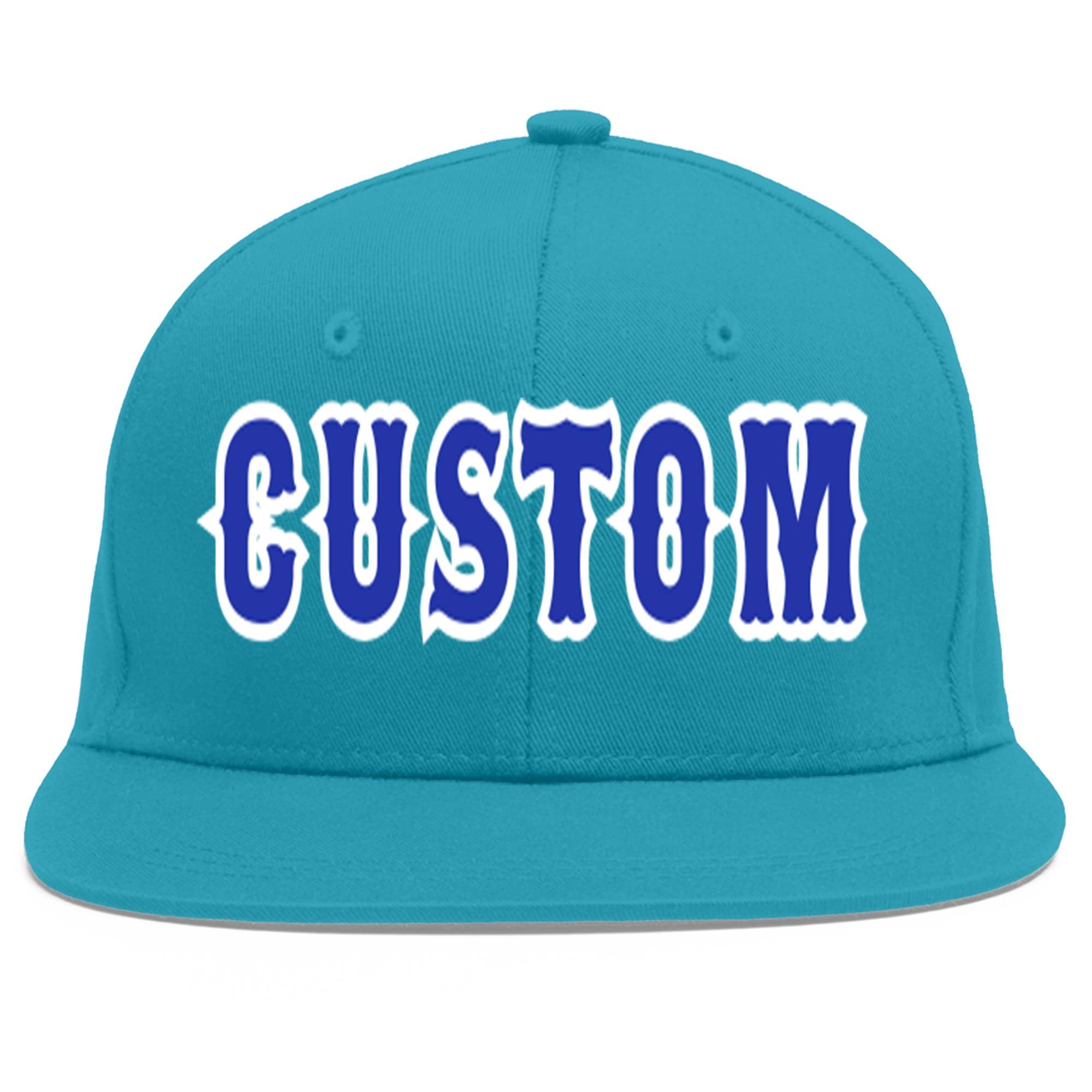 Custom Aqua Royal-White Flat Eaves Sport Baseball Cap