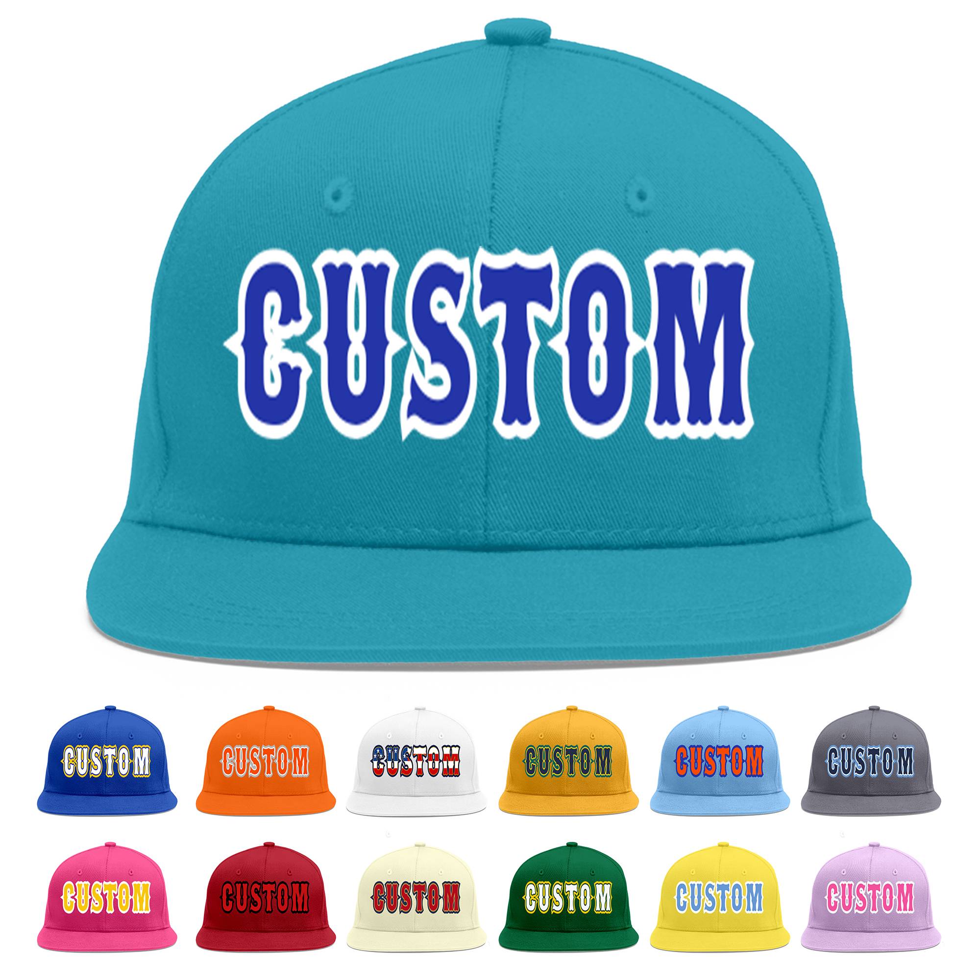 Custom Aqua Royal-White Flat Eaves Sport Baseball Cap