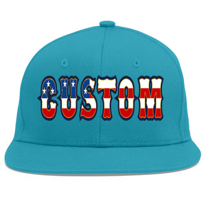 Custom Aqua Vintage USA Flag-Gold Flat Eaves Sport Baseball Cap