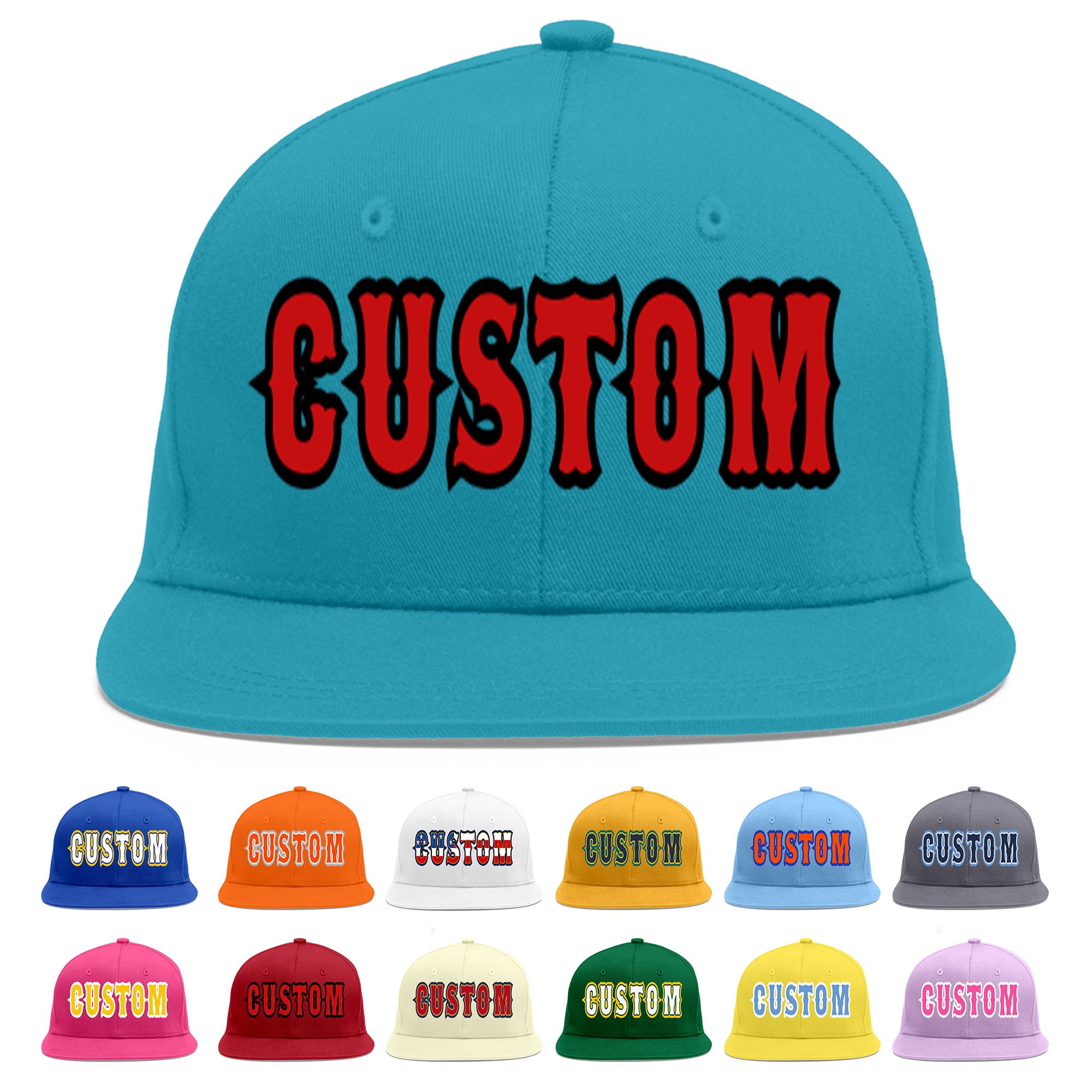 Custom Aqua Red-Black Flat Eaves Sport Baseball Cap