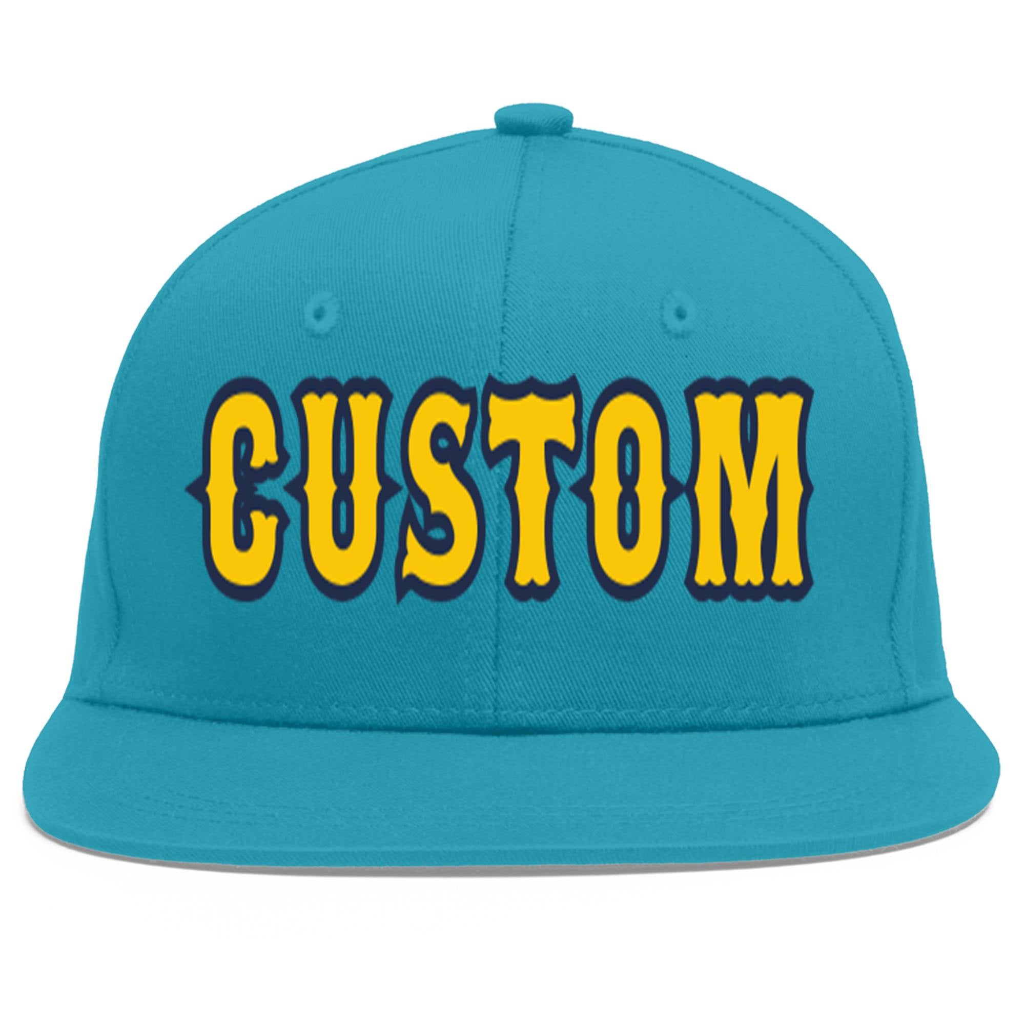 Custom Aqua Gold-Navy Flat Eaves Sport Baseball Cap