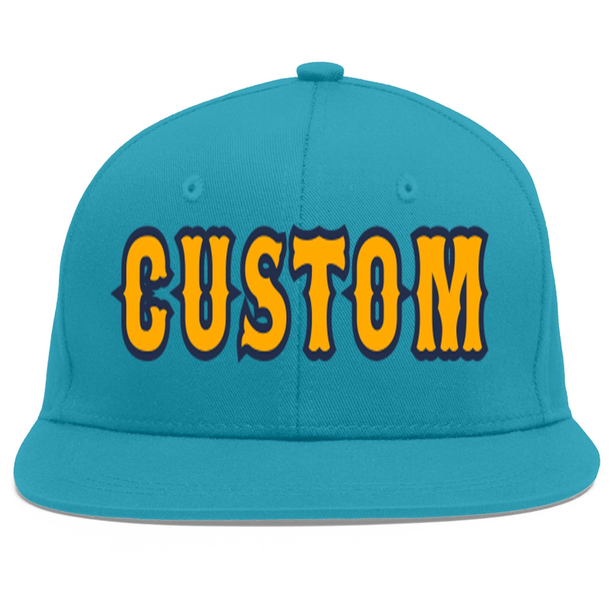 Custom Aqua Yellow-Navy Flat Eaves Sport Baseball Cap