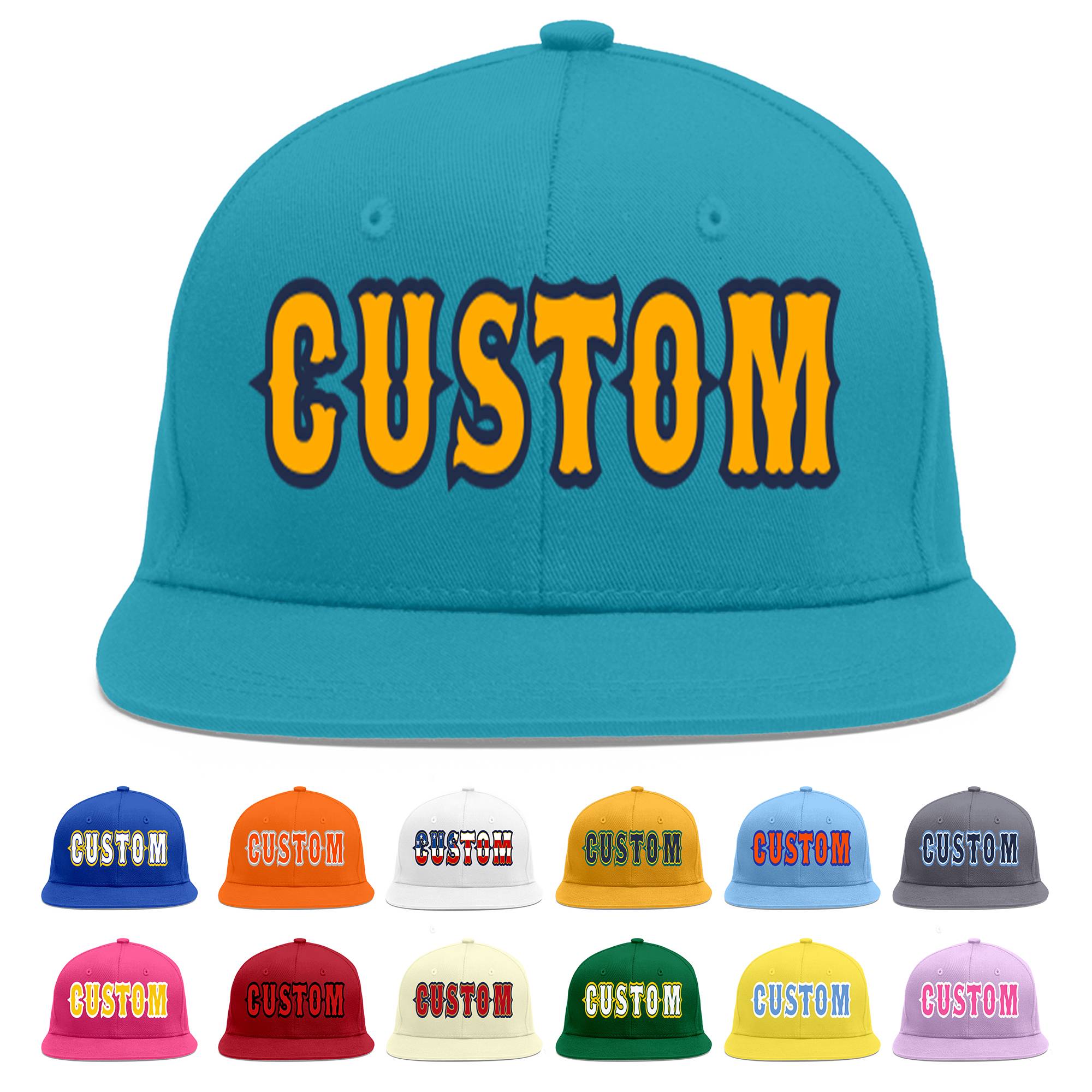 Custom Aqua Yellow-Navy Flat Eaves Sport Baseball Cap