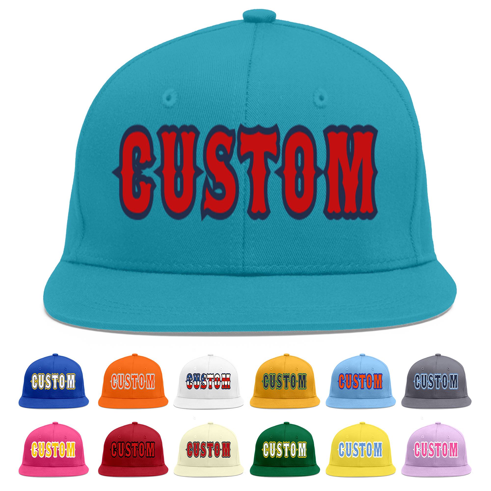 Custom Aqua Red-Navy Flat Eaves Sport Baseball Cap