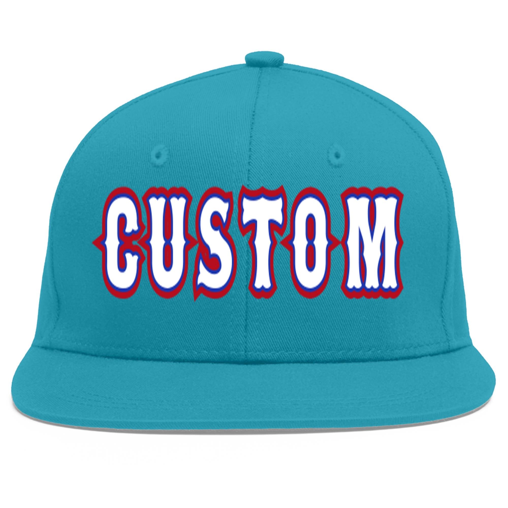 Custom Aqua White-Royal Flat Eaves Sport Baseball Cap