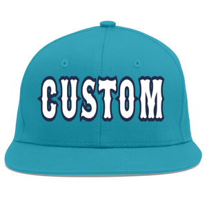 Custom Aqua White-Navy Flat Eaves Sport Baseball Cap