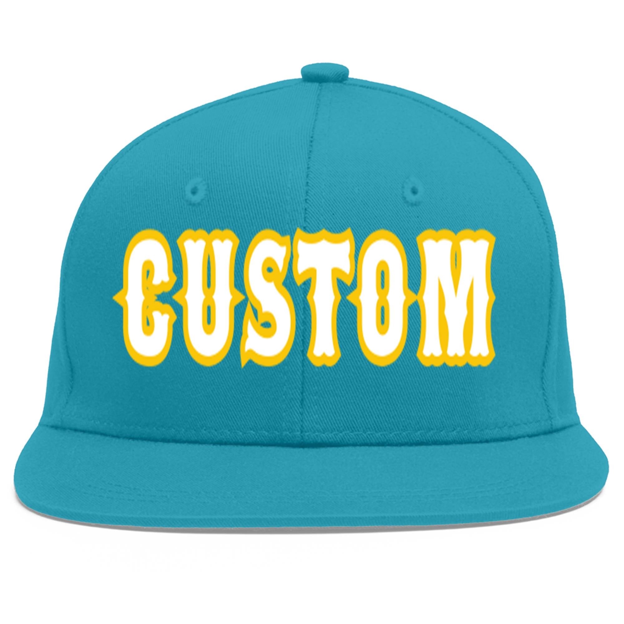 Custom Aqua White-Gold Flat Eaves Sport Baseball Cap