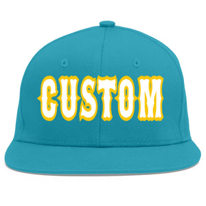 Casquette de baseball sport personnalisée Aqua White-Gold Flat Eaves