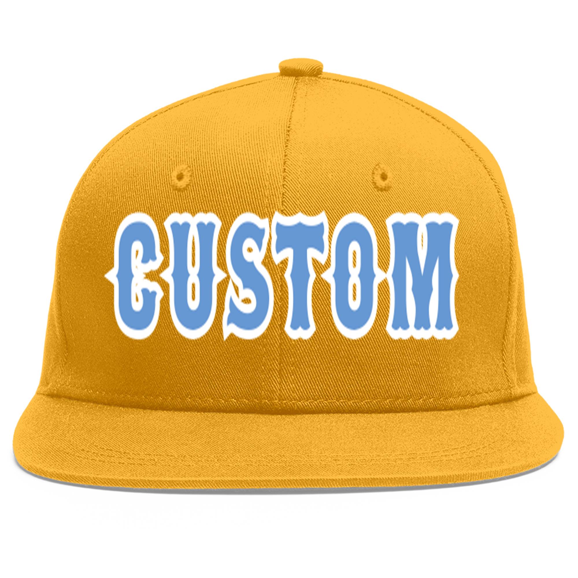 Custom Gold Light Blue-White Flat Eaves Sport Baseball Cap