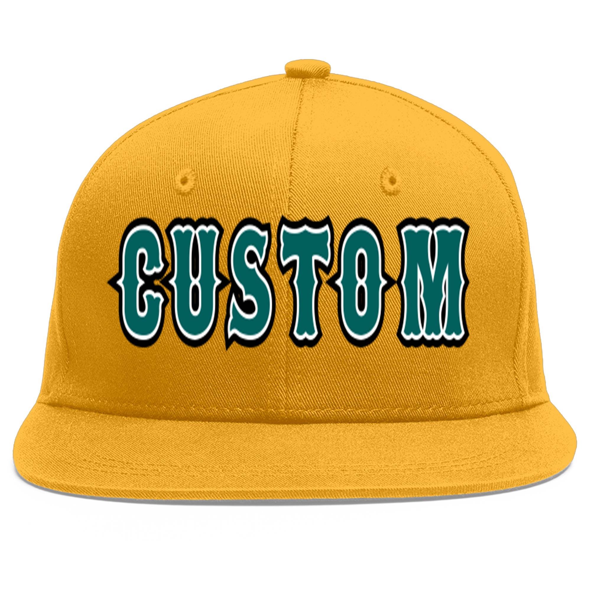 Custom Gold Aqua-White Flat Eaves Sport Baseball Cap