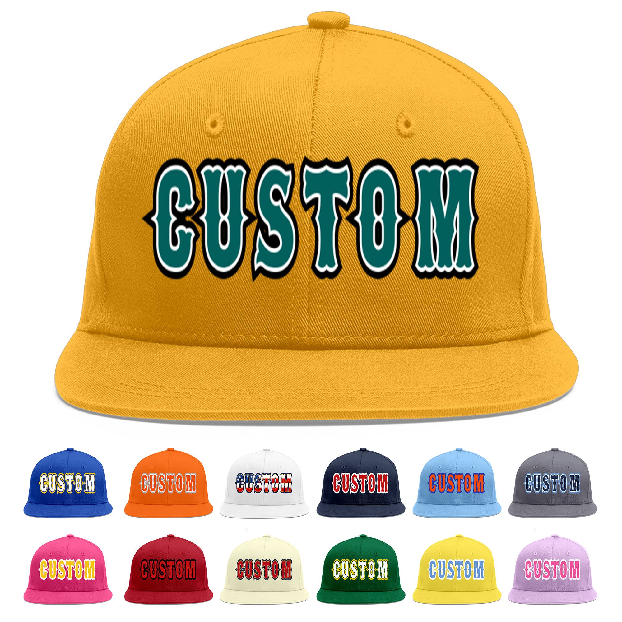 Custom Gold Aqua-White Flat Eaves Sport Baseball Cap