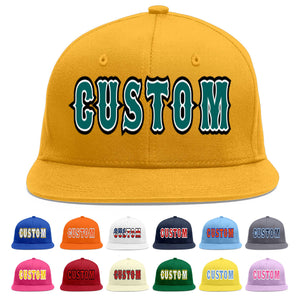 Casquette de baseball personnalisée Gold Aqua-White Flat Eaves Sport