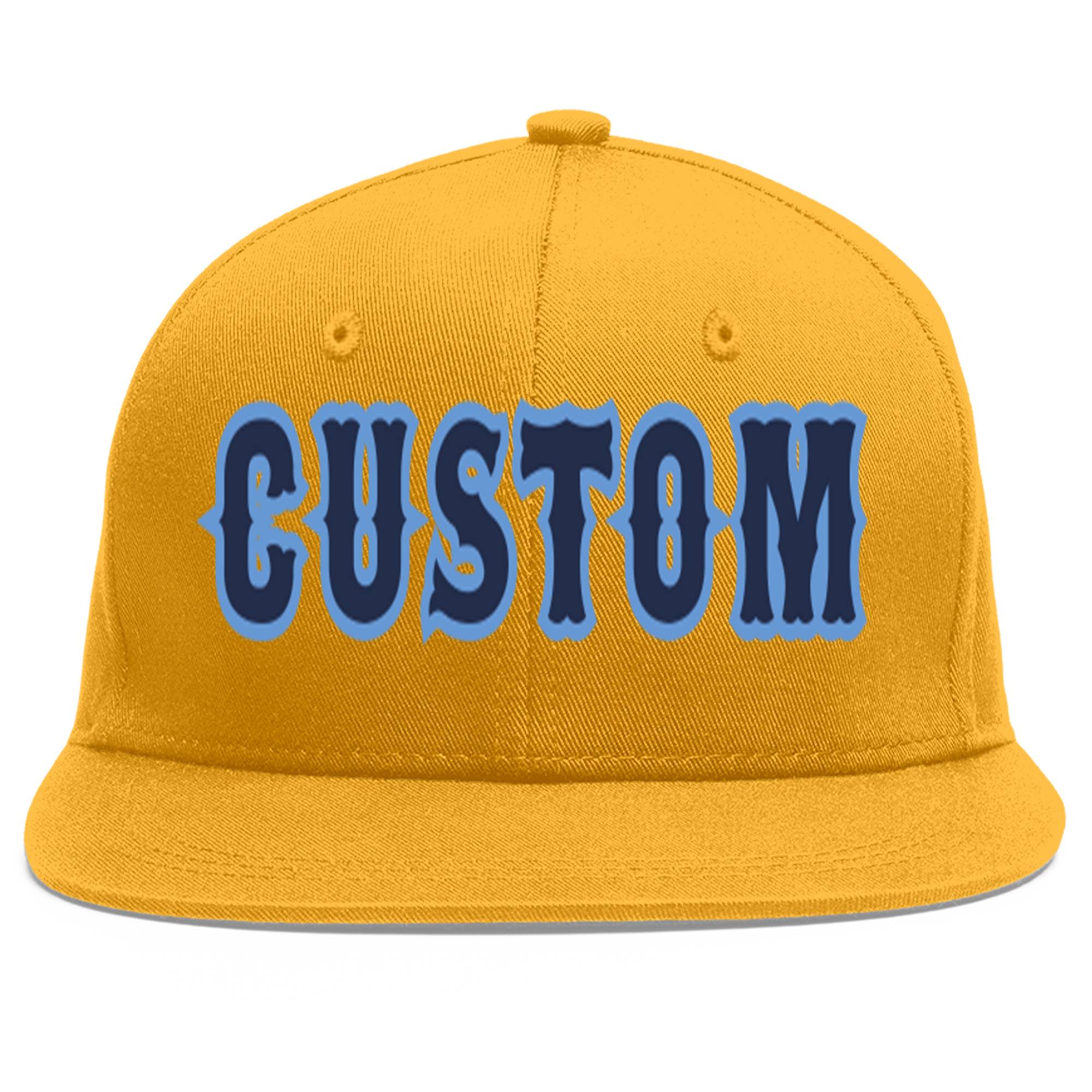 Custom Gold Navy-Light Blue Flat Eaves Sport Baseball Cap