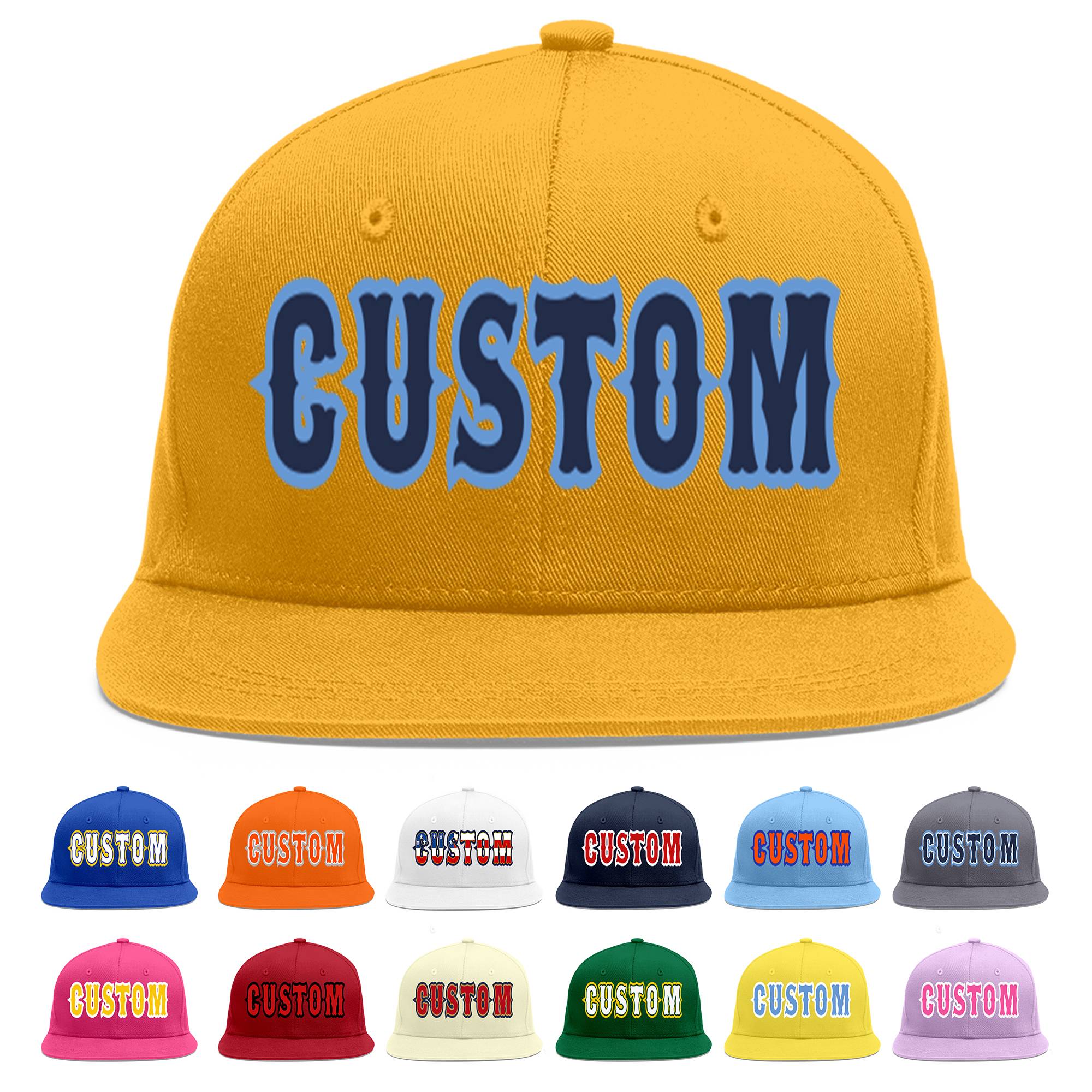 Custom Gold Navy-Light Blue Flat Eaves Sport Baseball Cap