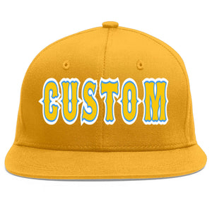 Custom Gold Gold-Powder Blue Flat Eaves Sport Baseball Cap