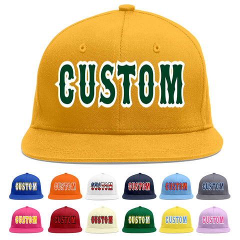 Custom Gold Green-White Flat Eaves Sport Baseball Cap
