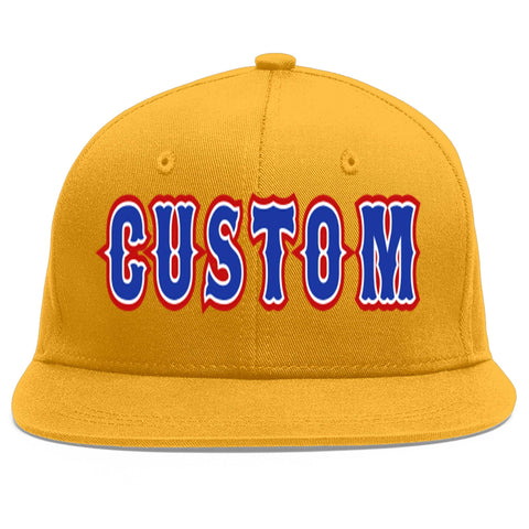 Custom Gold Royal-White Flat Eaves Sport Baseball Cap