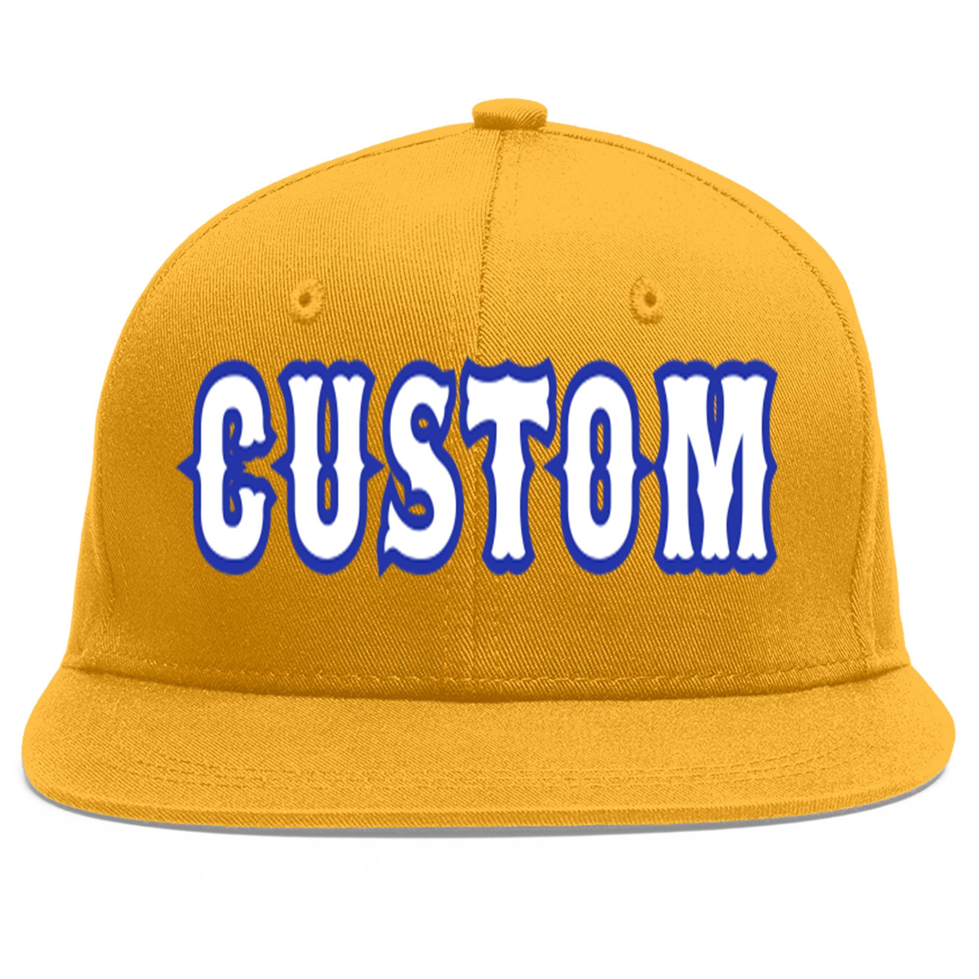 Custom Gold White-Royal Flat Eaves Sport Baseball Cap