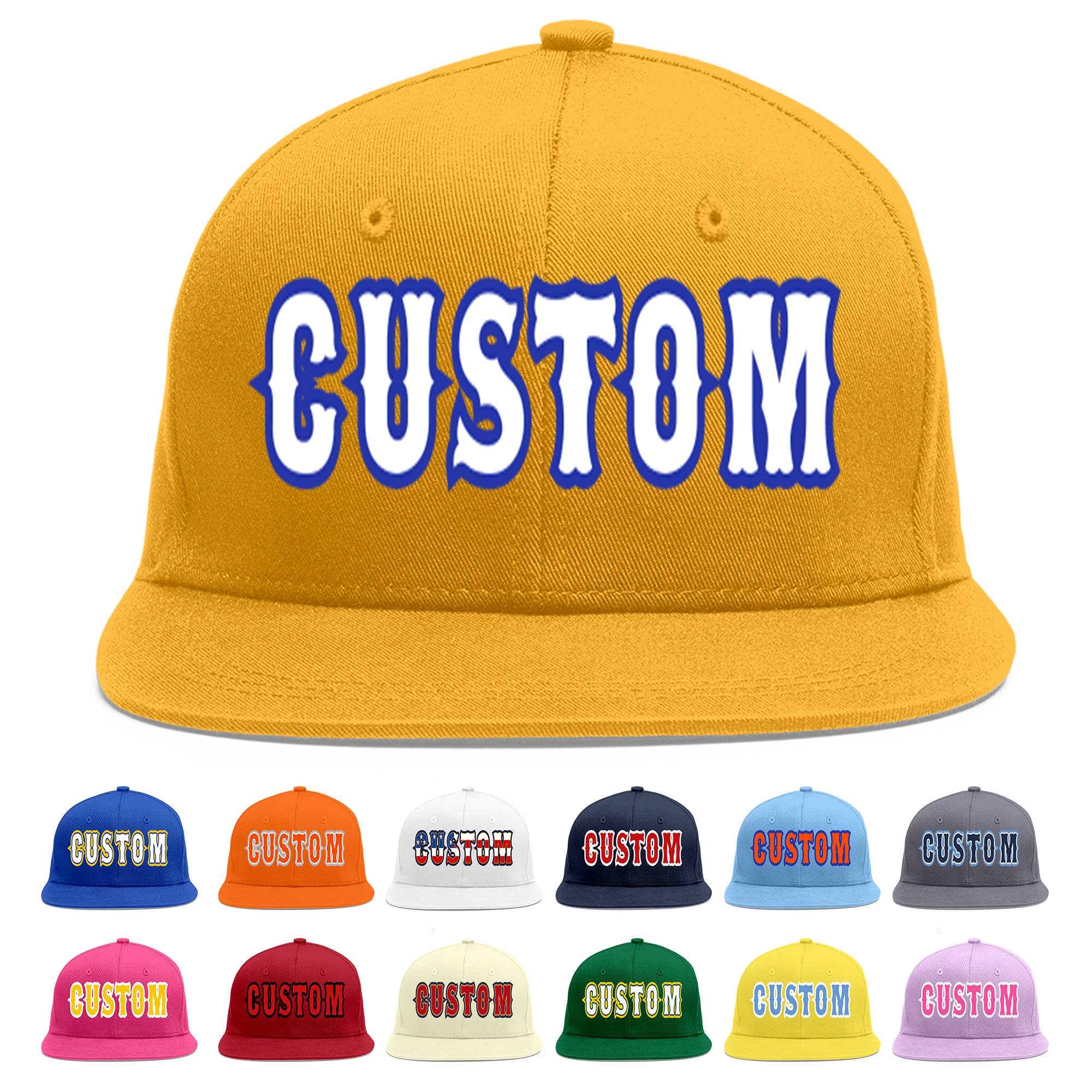 Custom Gold White-Royal Flat Eaves Sport Baseball Cap