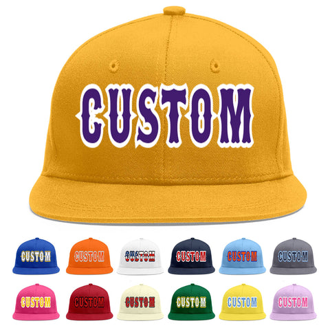 Custom Gold purple-White Flat Eaves Sport Baseball Cap