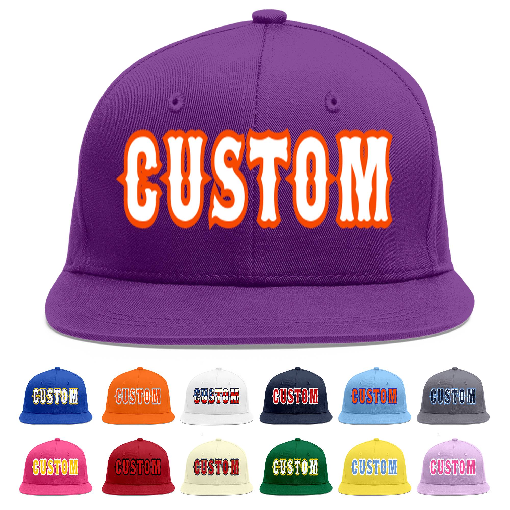 Casquette de baseball sport personnalisée violet blanc-orange à avant-toit plat