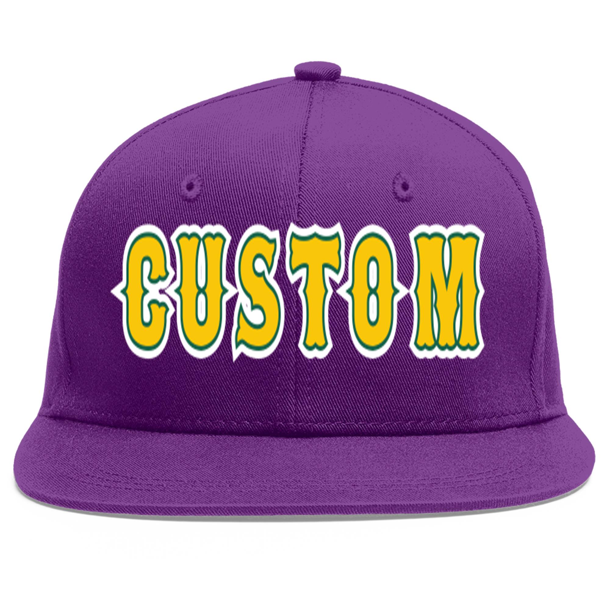 Casquette de baseball sport personnalisée violet or-Kelly vert plat avant-toit