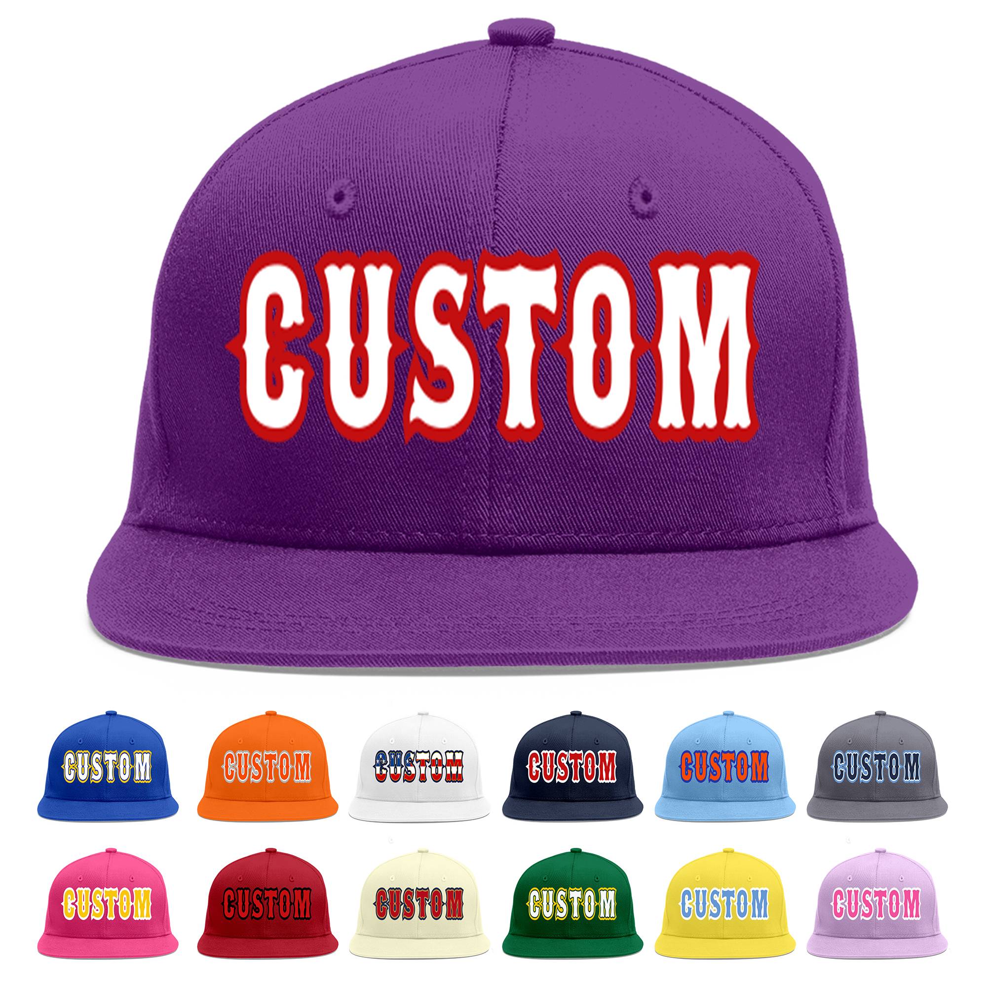 Casquette de baseball sport personnalisée violet blanc-rouge à avant-toit plat