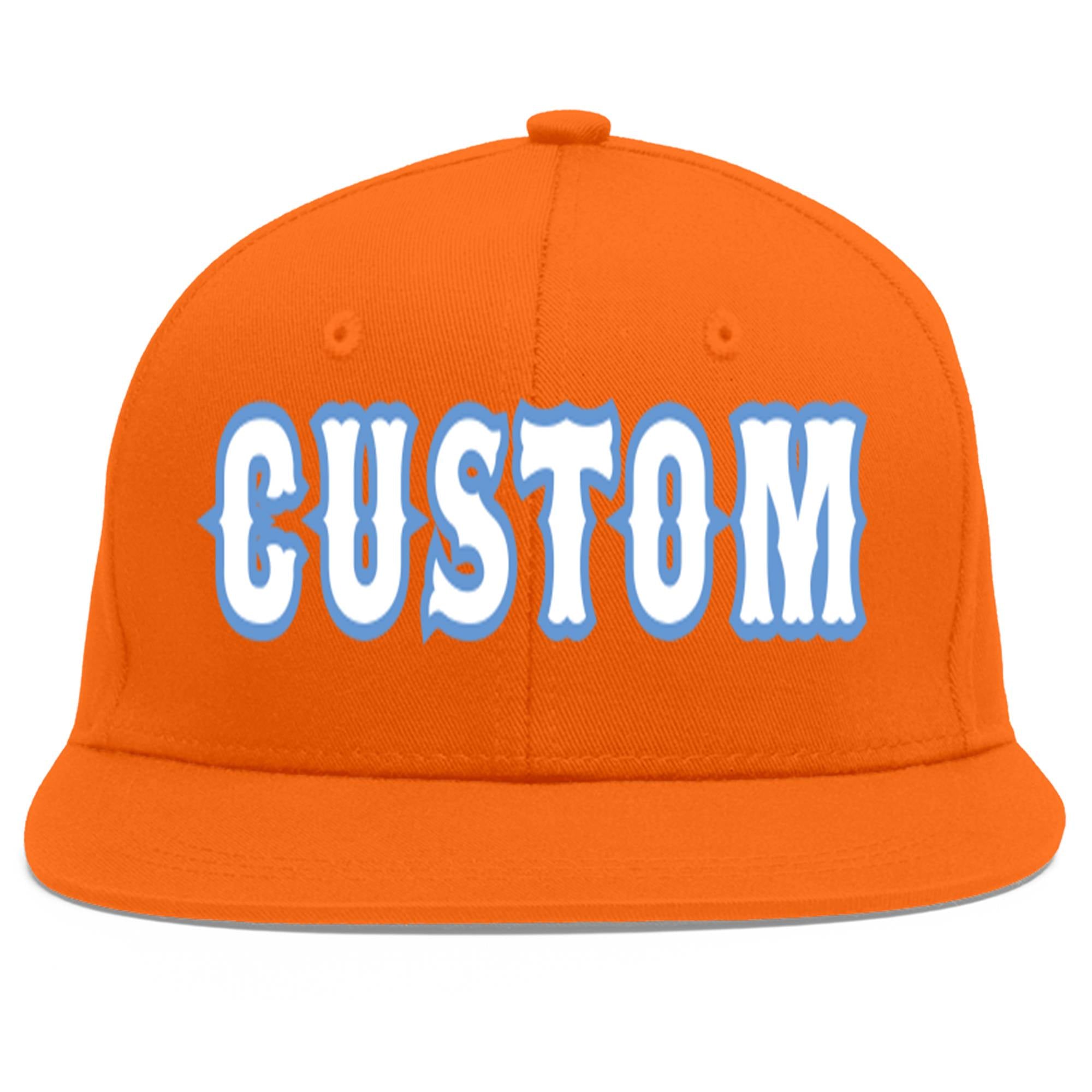 Custom Orange White-Light Blue Flat Eaves Sport Baseball Cap