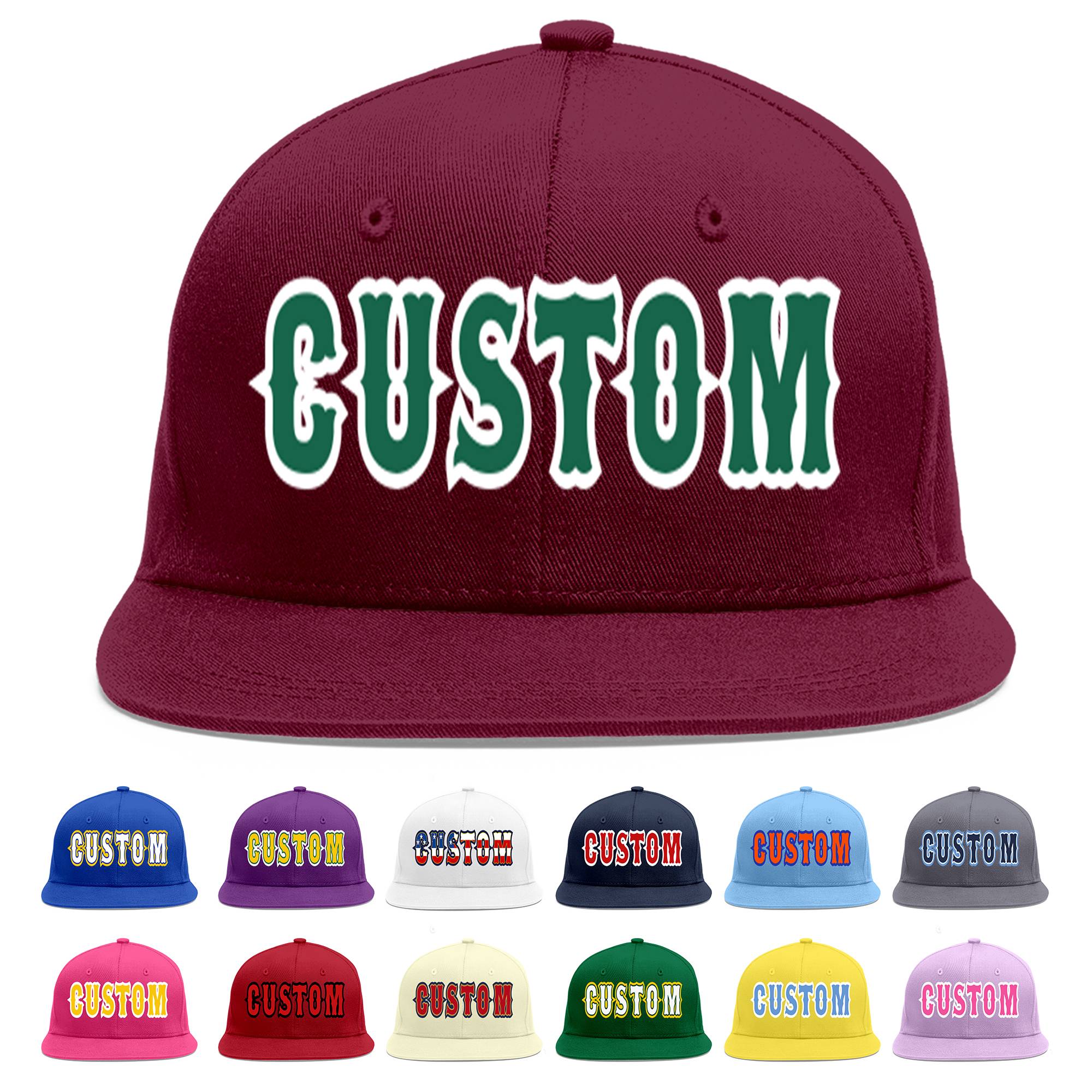 Custom Crimson Kelly Green-White Flat Eaves Sport Baseball Cap