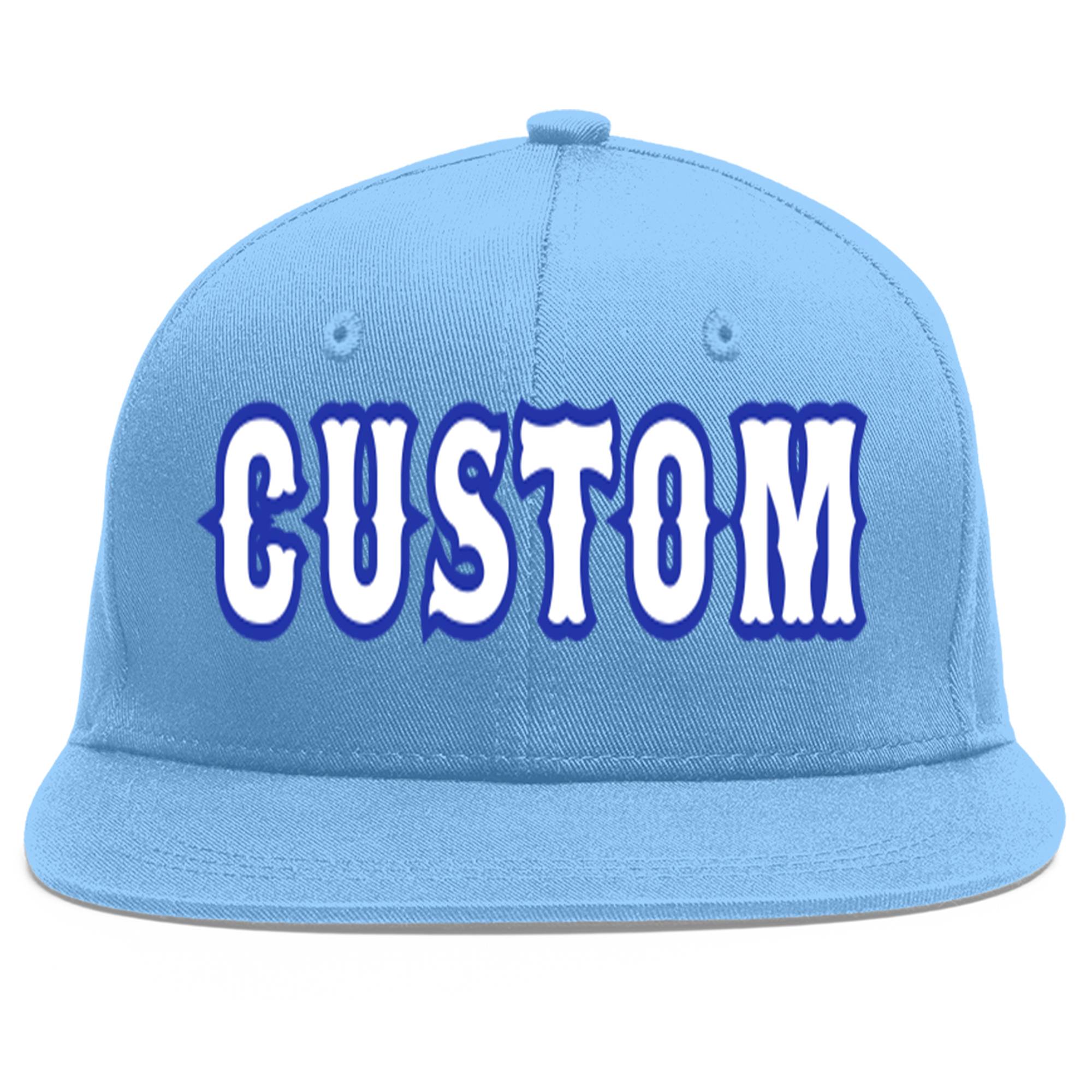 Custom Light Blue White-Royal Flat Eaves Sport Baseball Cap