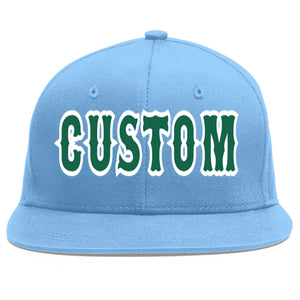 Custom Light Blue Kelly Green-White Flat Eaves Sport Baseball Cap