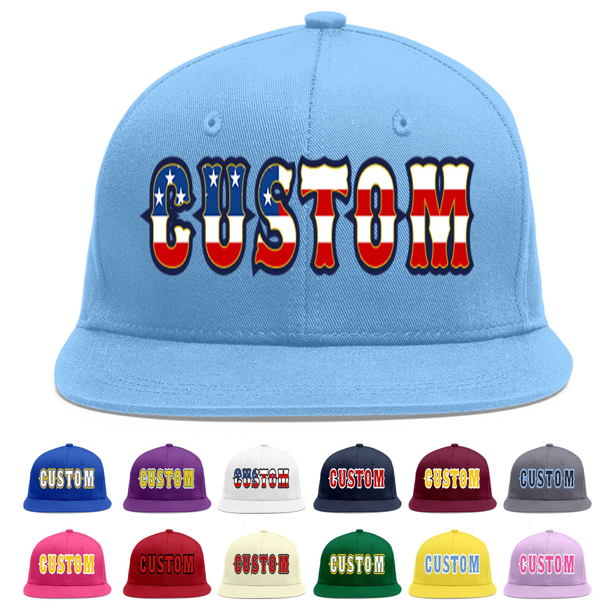 Custom Light Blue Vintage USA Flag-Gold Flat Eaves Sport Baseball Cap