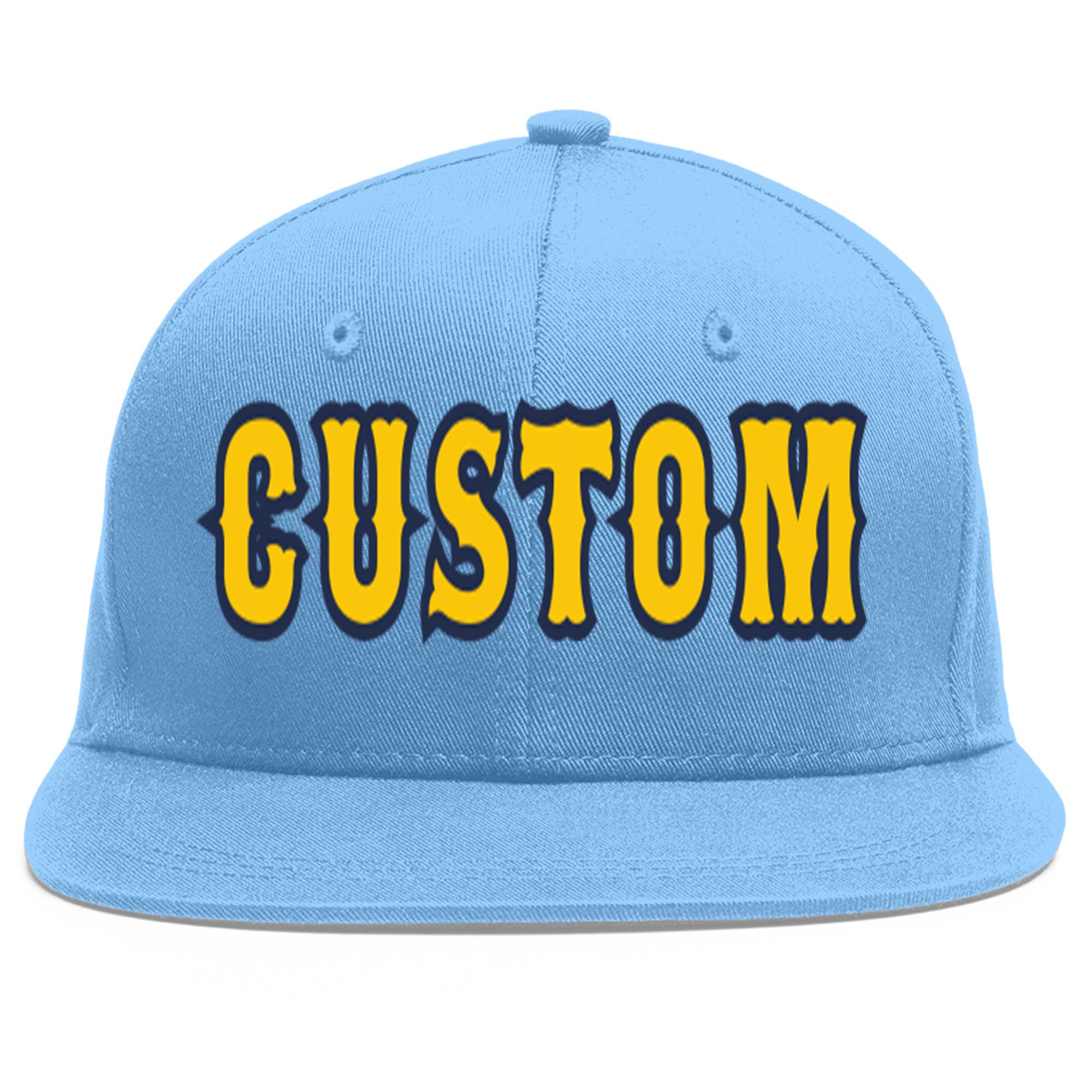 Casquette de baseball sport personnalisée bleu clair or-marine Flat Eaves