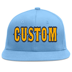 Custom Light Blue Yellow-Navy Flat Eaves Sport Baseball Cap