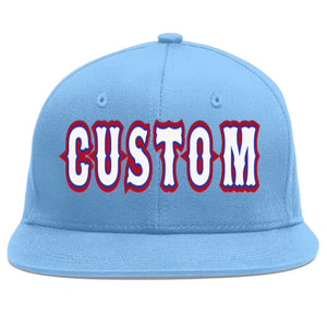 Custom Light Blue White-Royal Flat Eaves Sport Baseball Cap