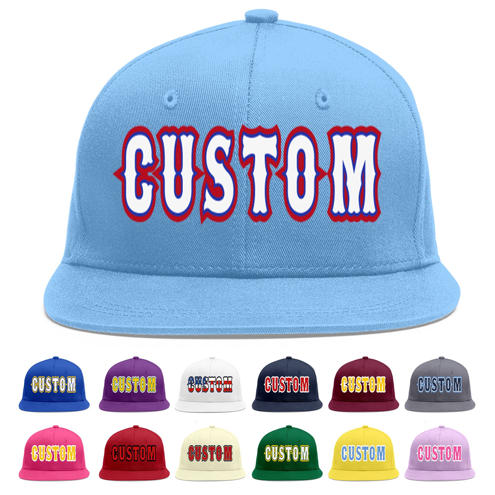 Custom Light Blue White-Royal Flat Eaves Sport Baseball Cap