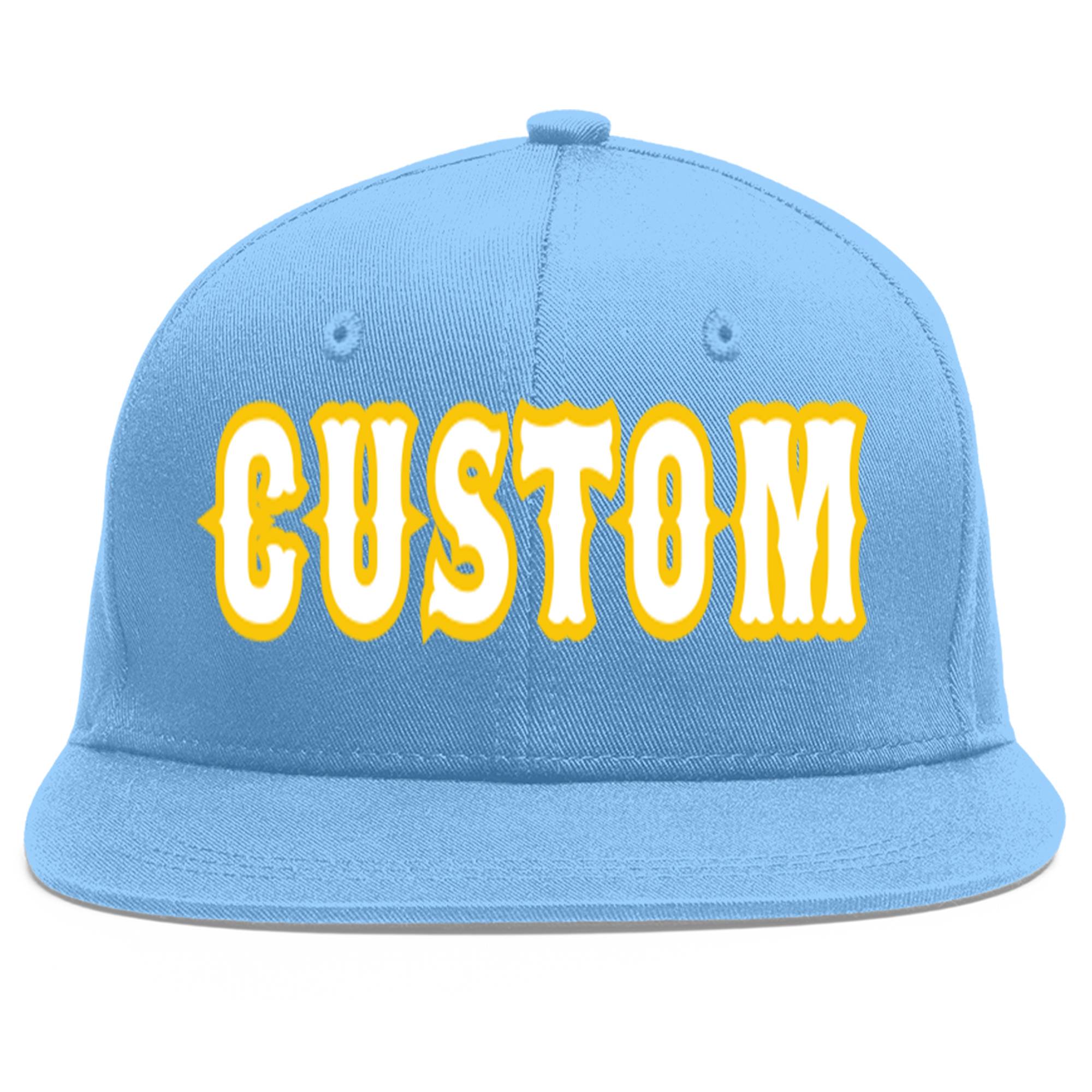 Custom Light Blue White-Gold Flat Eaves Sport Baseball Cap