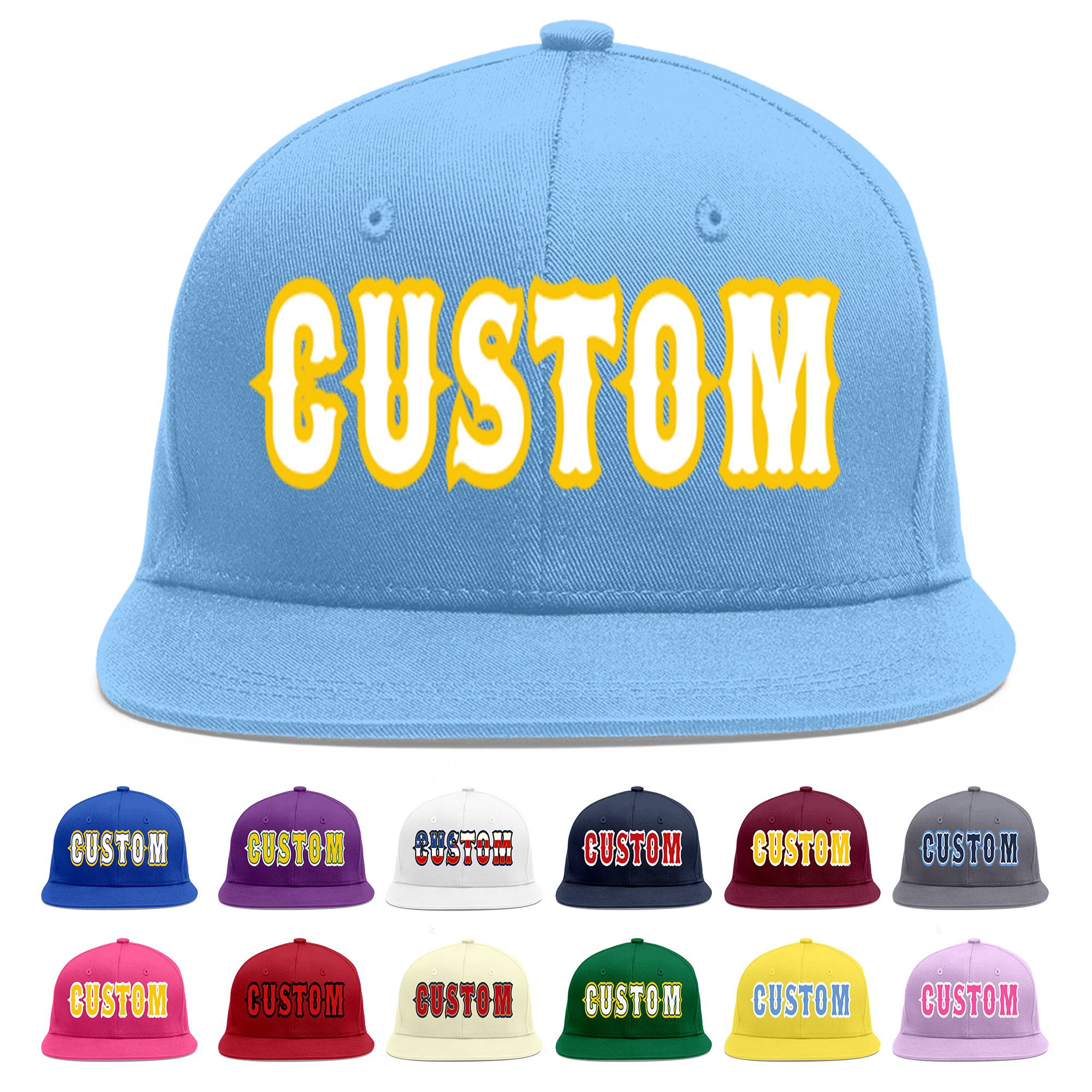 Custom Light Blue White-Gold Flat Eaves Sport Baseball Cap