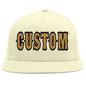 Custom Cream Old Gold-Black Flat Eaves Sport Baseball Cap