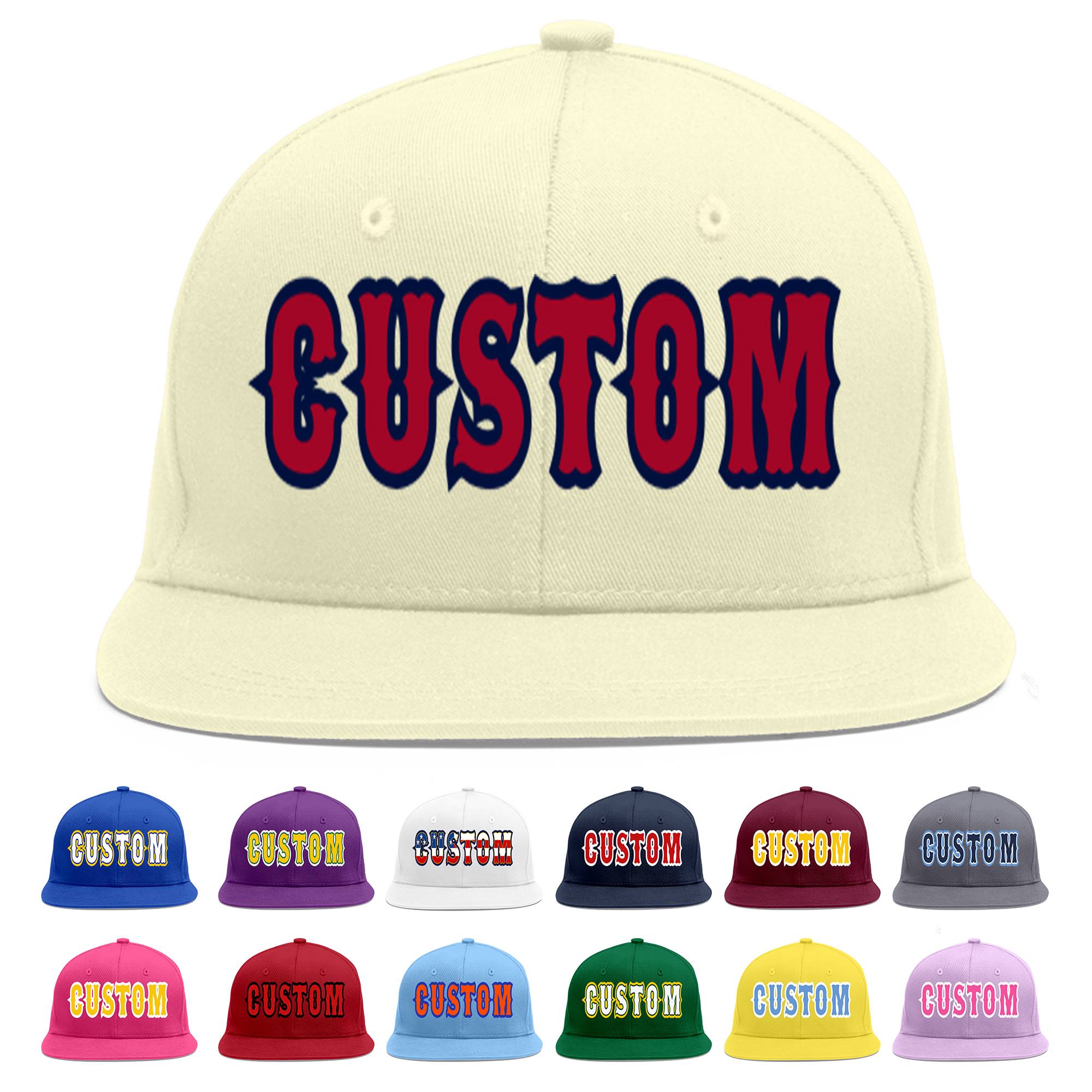 Custom Cream Red-Navy Flat Eaves Sport Baseball Cap