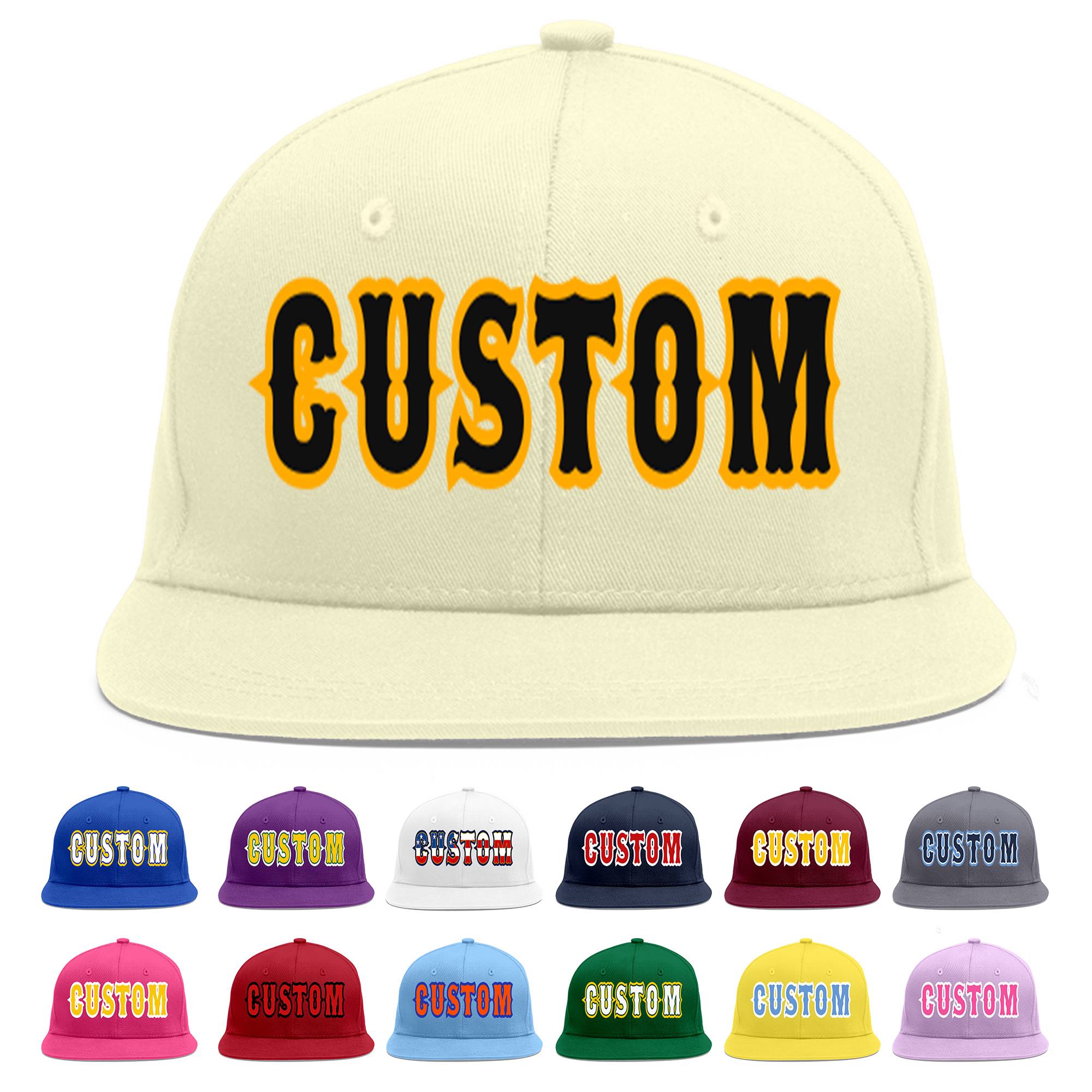 Custom Cream Black-Yellow Flat Eaves Sport Baseball Cap