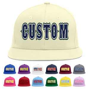 Custom Cream Navy-White Flat Eaves Sport Baseball Cap