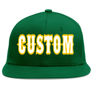 Custom Green White-Gold Flat Eaves Sport Baseball Cap