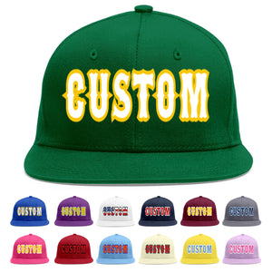 Custom Green White-Gold Flat Eaves Sport Baseball Cap